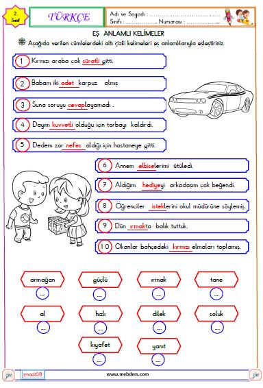 2. Sınıf Türkçe Eş Anlamlı Kelimeler Etkinliği